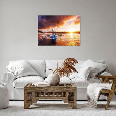 Bilder auf Leinwand Ufer Boot Strand Leinwandbild mit Rahmen 70x50cm Wandbilder Dekoration Wohnzimme