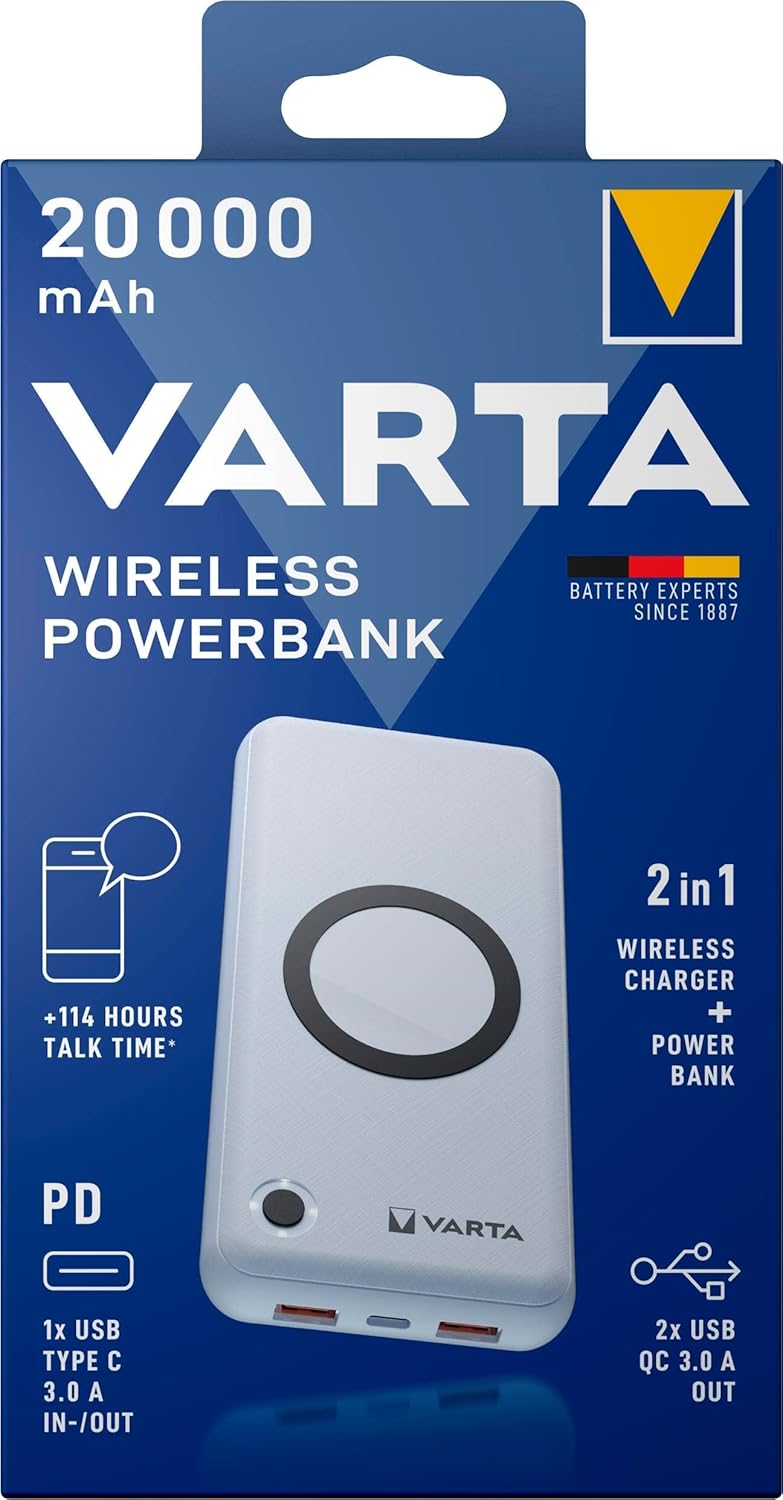 VARTA 2 in 1 Power Bank und Wireless Charger, kabelloses Ladegerät, Powerbank 20000mAh, LED Ladestan