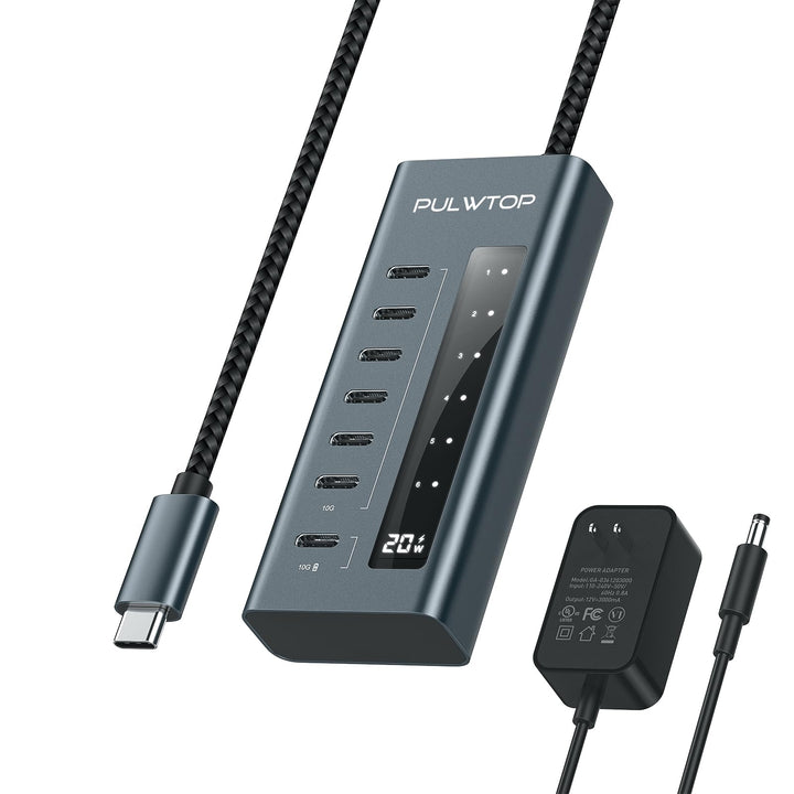 PULWTOP USB C Hub Aktiv,7 Ports USB C to C Hub mit Netzteil, PD 20W Output Charging and 10 Gbit/s 3.