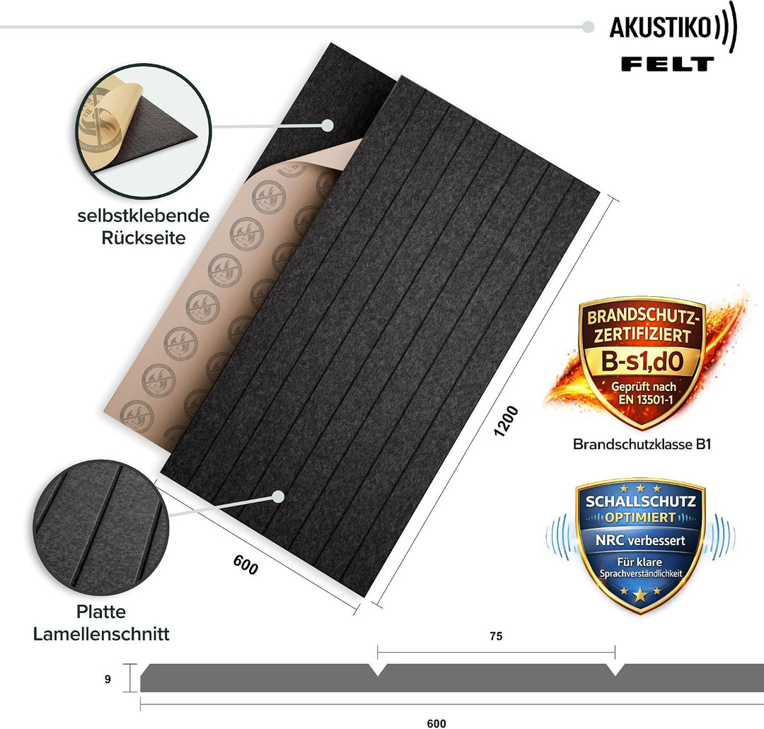 AKUSTIKO Akustikpaneele Selbstklebend 120x60cm - 4 Stück Anthrazit Akustik Wandpaneele Brandschutzkl