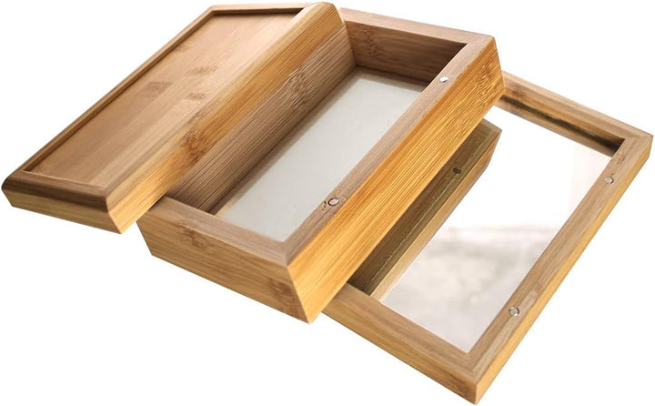 HNBG Siebbox aus Bambus 15,5 x 9 x 6 cm, Bambus-Schachtel mit Sieb und Spiegel, unterteilt in 3 Eben