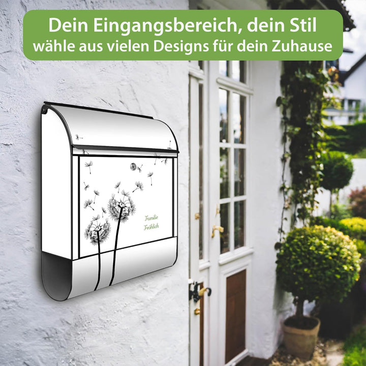 banjado® Design Briefkasten personalisiert mit Motiv Pusteblume 2 39x47x14cm & 2 Schlüssel - Briefka