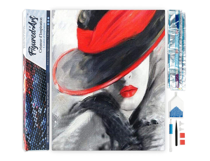 Figured'Art Diamond Painting Erwachsene 40x50cm Ganze Leinwand gerollt Frau mit rotem Hut 5D Bilder