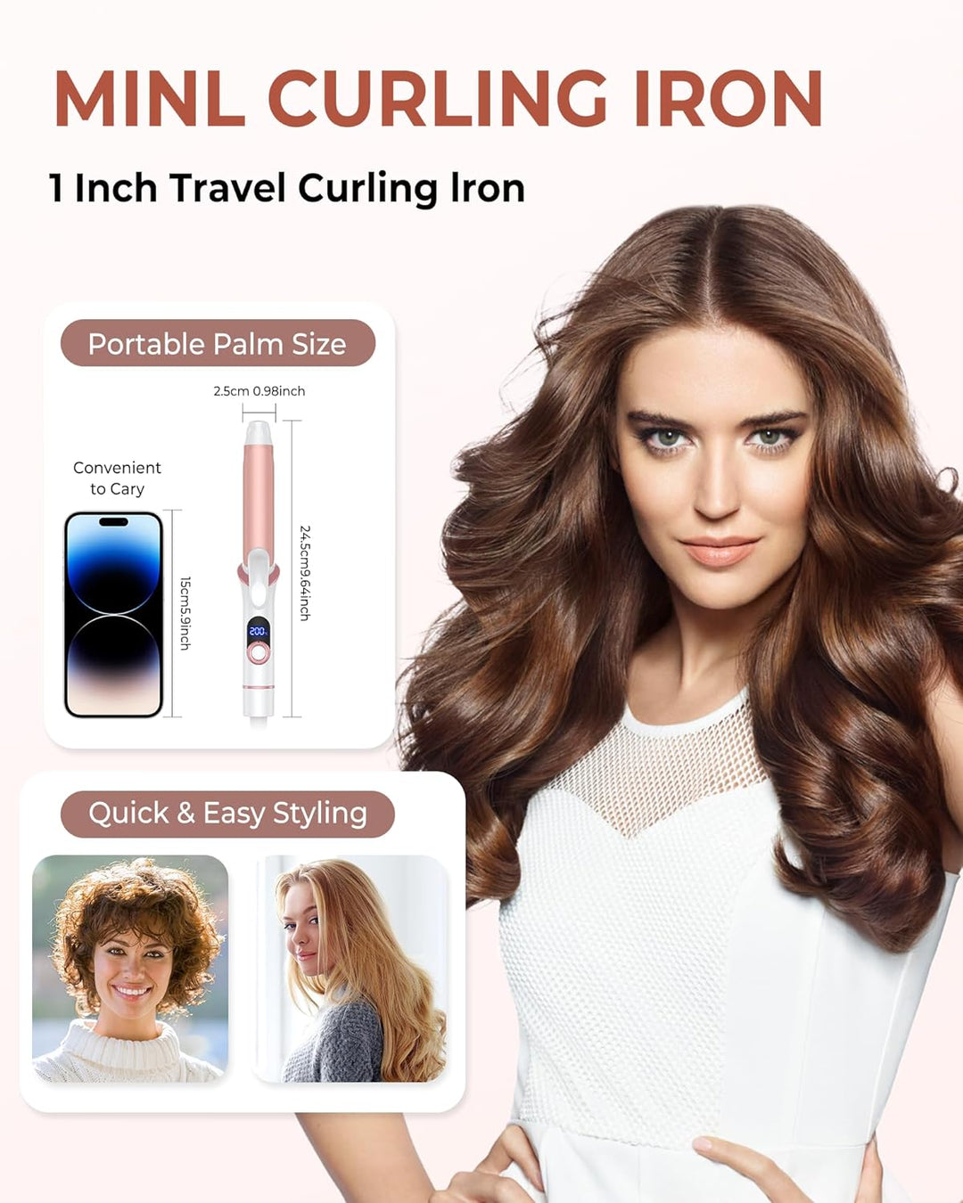 UKLISS Mini Lockenstab für Kurze Haare, 25mm Reise Lockenstab Kleine Locken, LCD Display 120-200℃, m