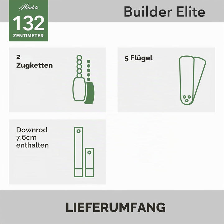 HUNTER DECKENVENTILATOR Builder Elite, 132 cm, Deckenventilator für den Innenbereich mit Zugschalter