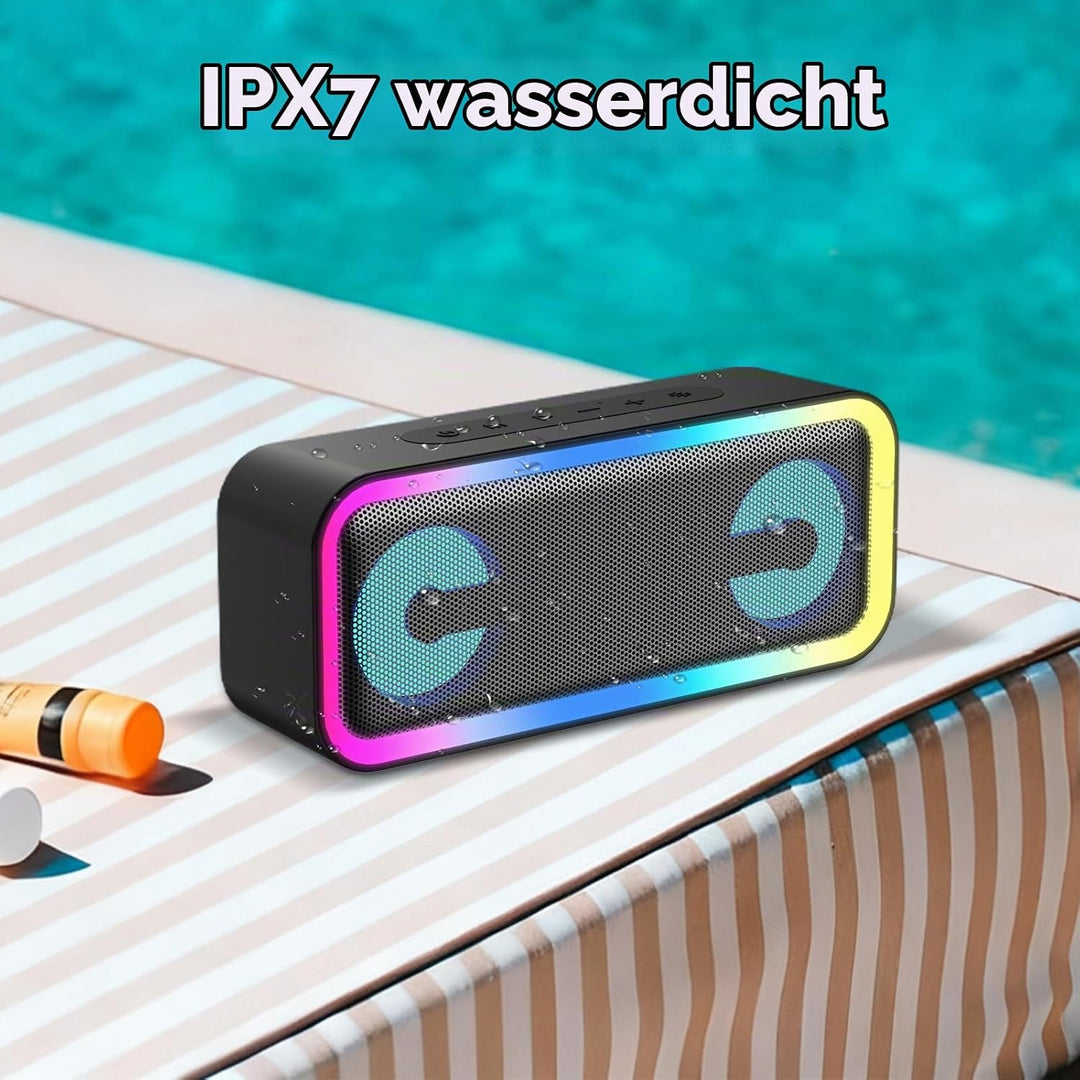 Bluetooth Lautsprecher mit Licht, Musikbox Bluetooth 5.4, 30W Stereo Bass Boost, IPX7 Wasserdicht, 7