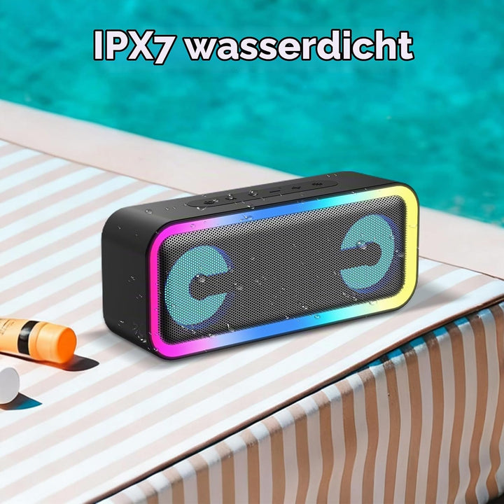 Bluetooth Lautsprecher mit Licht, Musikbox Bluetooth 5.4, 30W Stereo Bass Boost, IPX7 Wasserdicht, 7