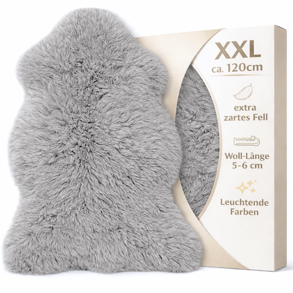 Extra grosses Super-Premium Lammfell, Schaffell hell-grau. Extra zartes, geruchsarmes, echtes Merino