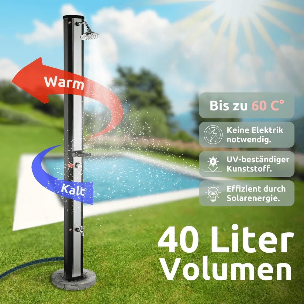 DELUKE Outdoor Solardusche 40 Liter inkl. Wasserspeicher - Mit Abdeckung | Solar Gartendusche warmes