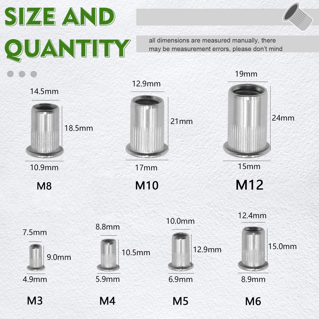 Waycreat 304 Nietmutter Edelstahl Sortiment,Rivet nut Nutsert Kit M3 M4 M5 M6 M8 M10 M12, 189-pack