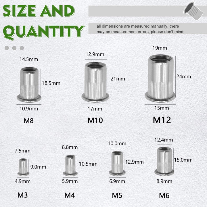 Waycreat 304 Nietmutter Edelstahl Sortiment,Rivet nut Nutsert Kit M3 M4 M5 M6 M8 M10 M12, 189-pack