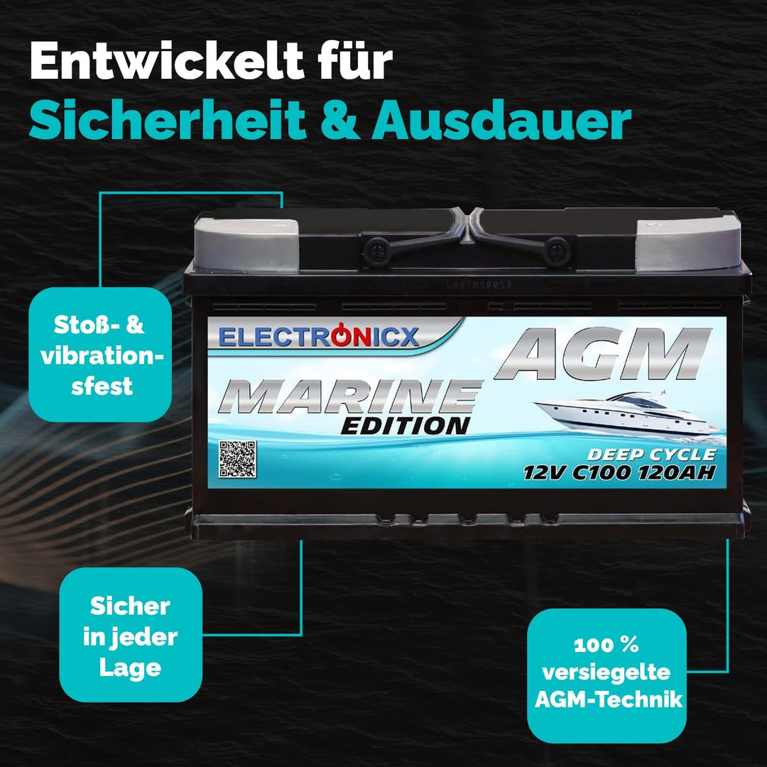 Electronicx AGM Marine Edition 12V 120Ah – Deep Cycle Versorgerbatterie, wartungsfrei & versiegelt,