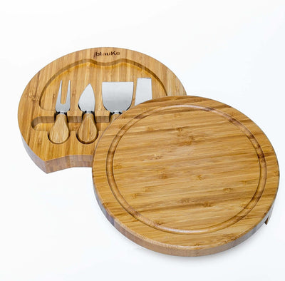Bambus Käsebrett mit Käsemesser Set – 25cm Rund Servierplatte aus Holz für Käse und Häppchen – Chees