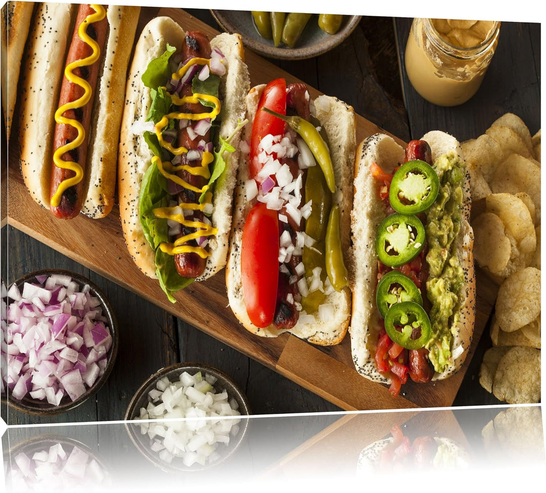 Amerikanische Hotdogs Format: 100x70 auf Leinwand, XXL riesige Bilder fertig gerahmt mit Keilrahmen,