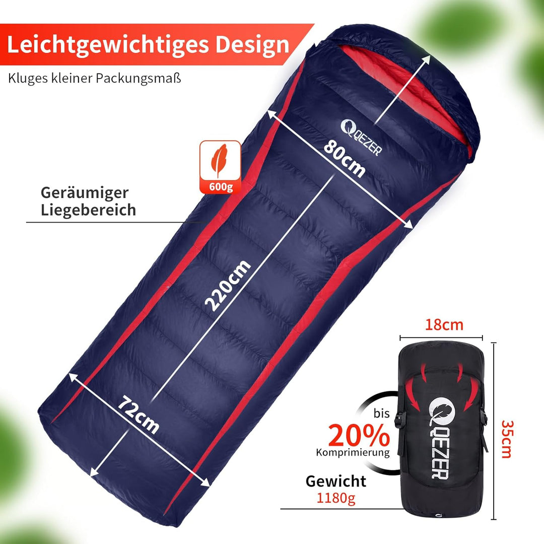 Daunenschlafsack,schlafsack kleines packmass , 600FP+ Premium-Daunen, 12°C bis -24°C, leicht und war