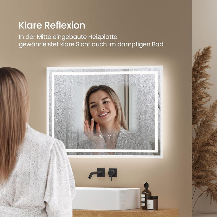 EMKE LED Badspiegel 70x50 cm mit Bewegungssensor, 3 dimmbare Lichtfarben, beschlagfrei, Touch, autom