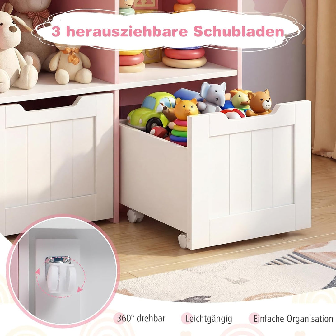 COSTWAY Kinderregal mit Boxen auf Rollen, Bücherregal Kinder mit 5 Fächern & 3 Schubladen, Spielzeug