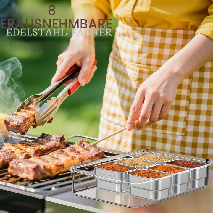 Snackle Box Behälter, Edelstahl-Lebensmittelbehälter mit 8 Fächern, Silikondeckel und Griff, durchsi