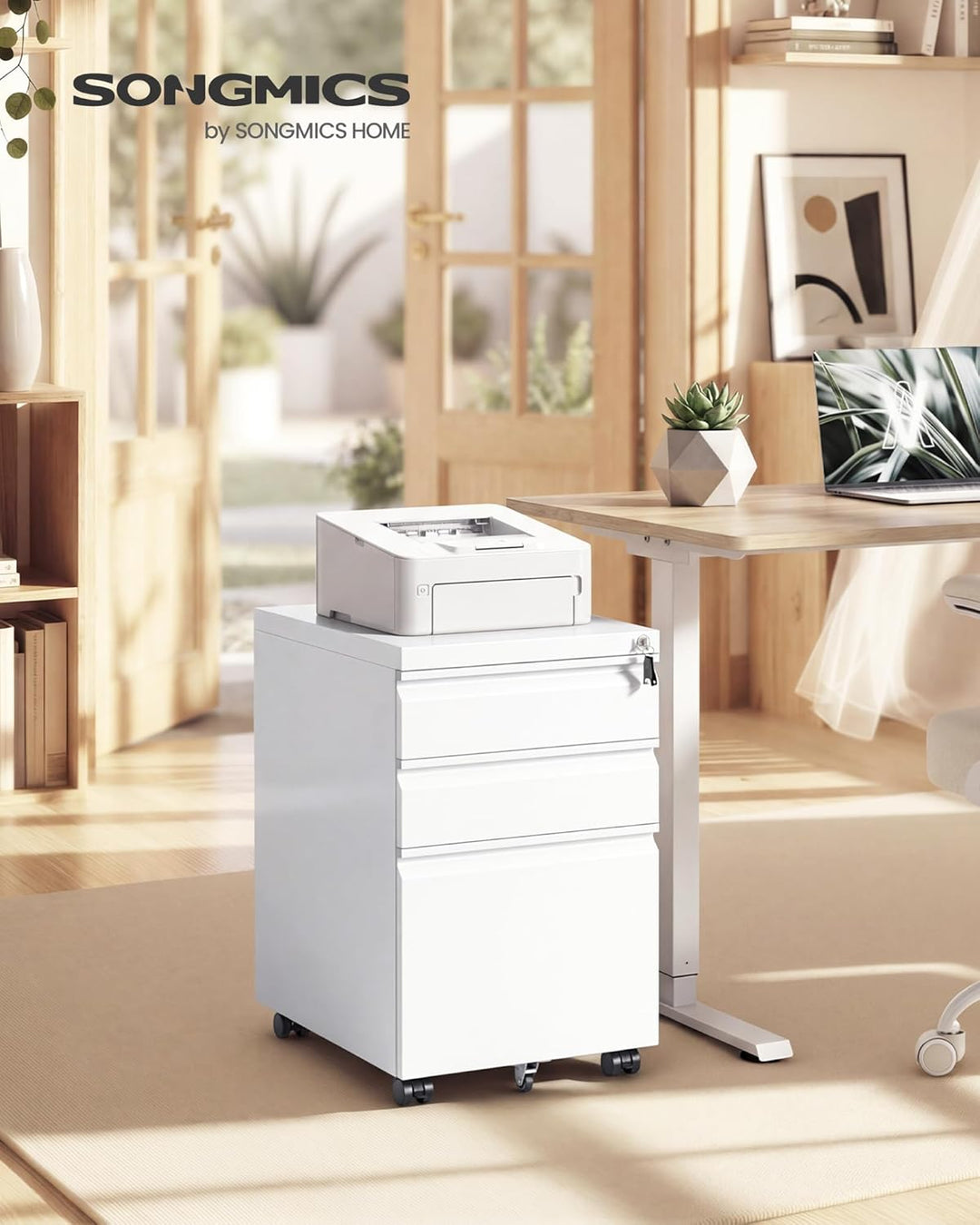 SONGMICS OFC033W101 Büroschrank mit 3 Schubladen, Rollfach auf Rollen, für Zuhause, Stahlgestell, 3