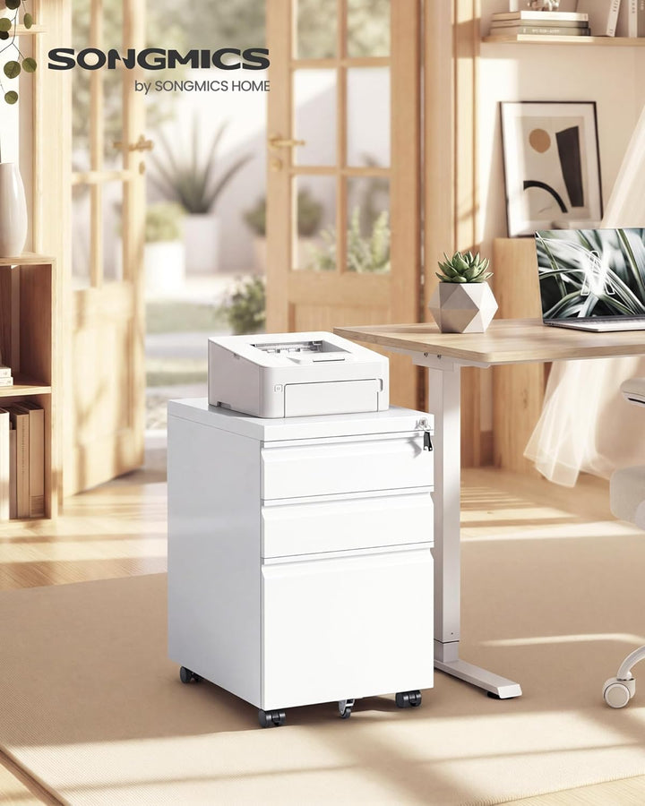 SONGMICS OFC033W101 Büroschrank mit 3 Schubladen, Rollfach auf Rollen, für Zuhause, Stahlgestell, 3
