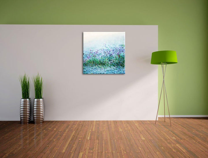 Pixxprint Lila Distel Feld im Retro Look als Leinwandbild | Grösse: 70x70 cm | Wandbild | Kunstdruck