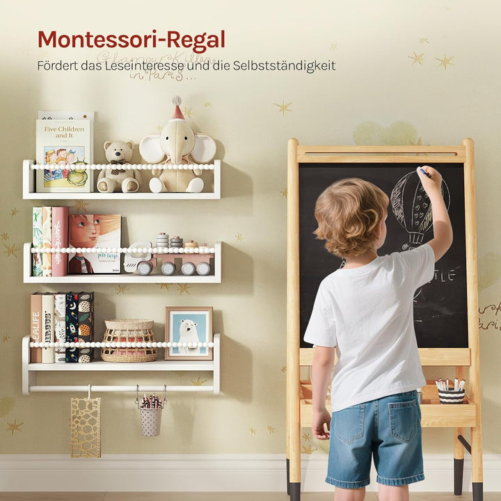 WOLTU 3er Set Kinder Bücherregal Wand, 60cm Wandregal Kinderzimmer, aus Massivholz, Hängeregal Schwe