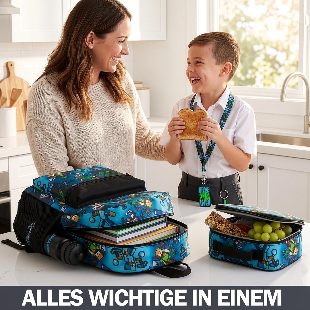 Get Trend Minecraft Rucksack Kinder 5er Set, Kinderrucksack mit Federmäppchen, Isolierte Lunchtasche