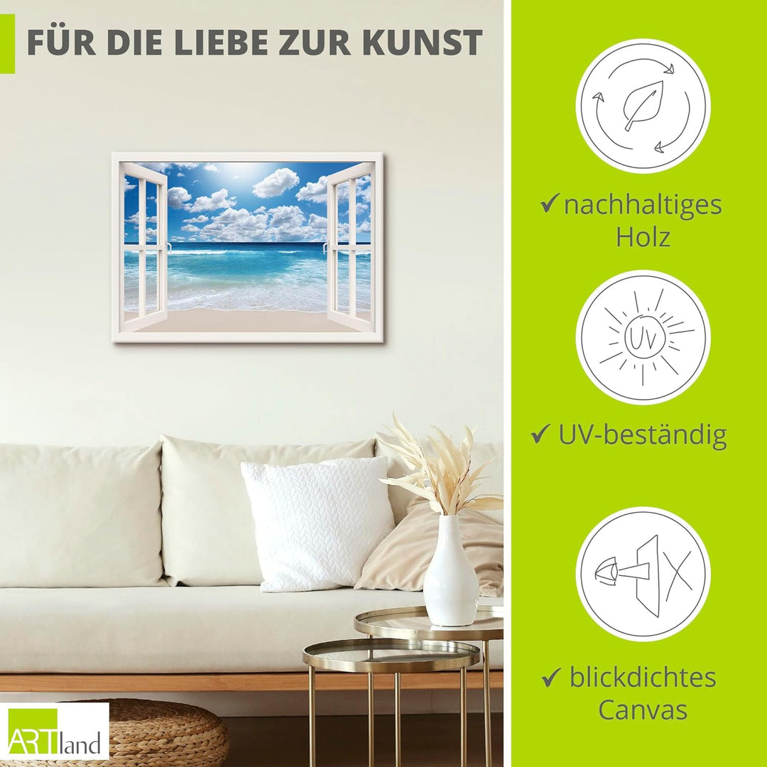 Artland Leinwandbild Wandbild Bild auf Leinwand 100x70 cm Wanddeko Fensterblick Fenster Strand Meer