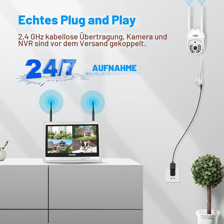 【5MP+PTZ】 Hiseeu Überwachungskamera Set Aussen WLAN mit 12''Monitor 10CH Wireless NVR,4 Pcs 5MP PTZ