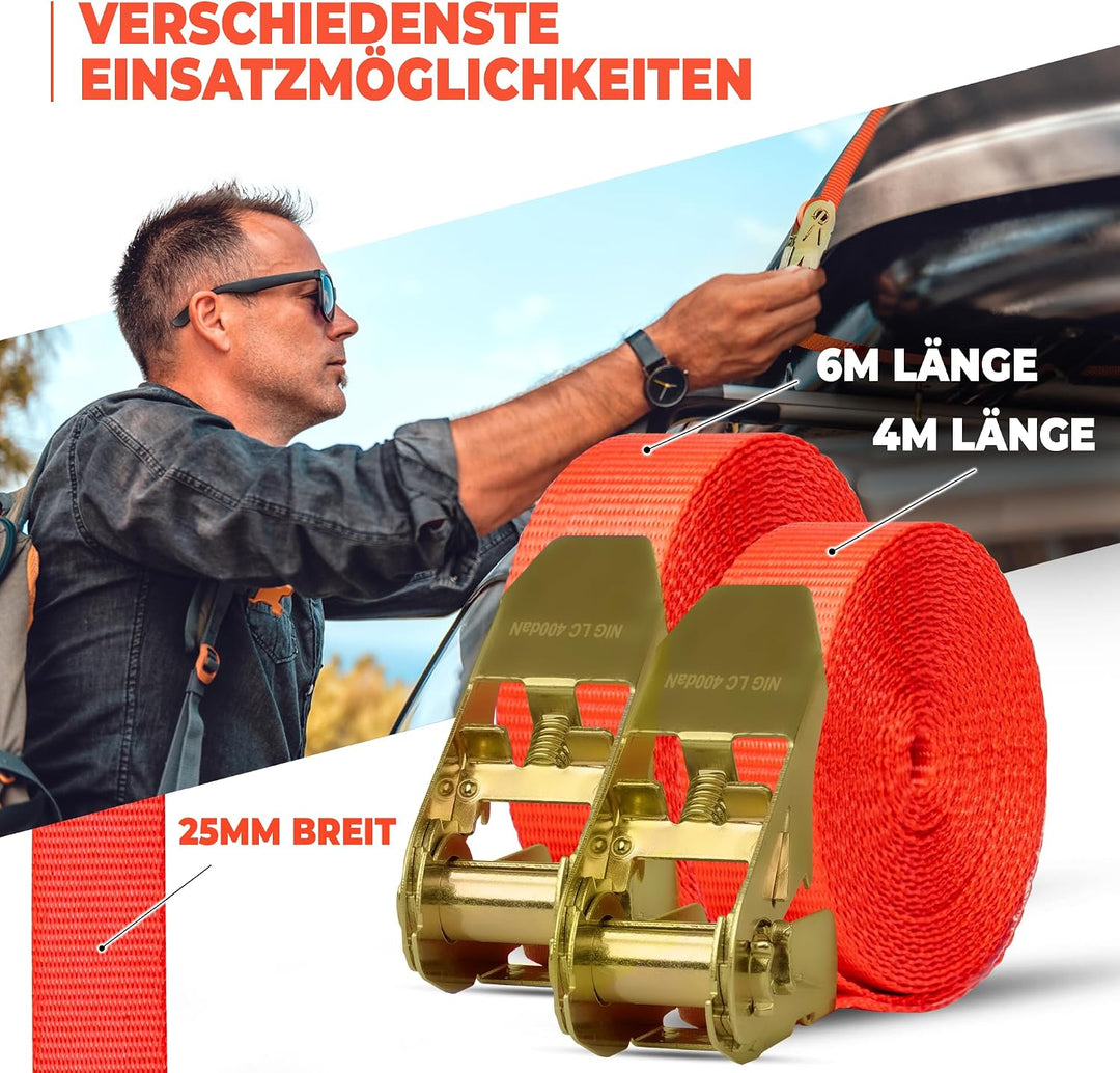 NTG Spanngurte mit Ratsche - 800kg Kapazität - 4m lang 8 Stück - 25mm breit - TÜV GS zertifizierte R