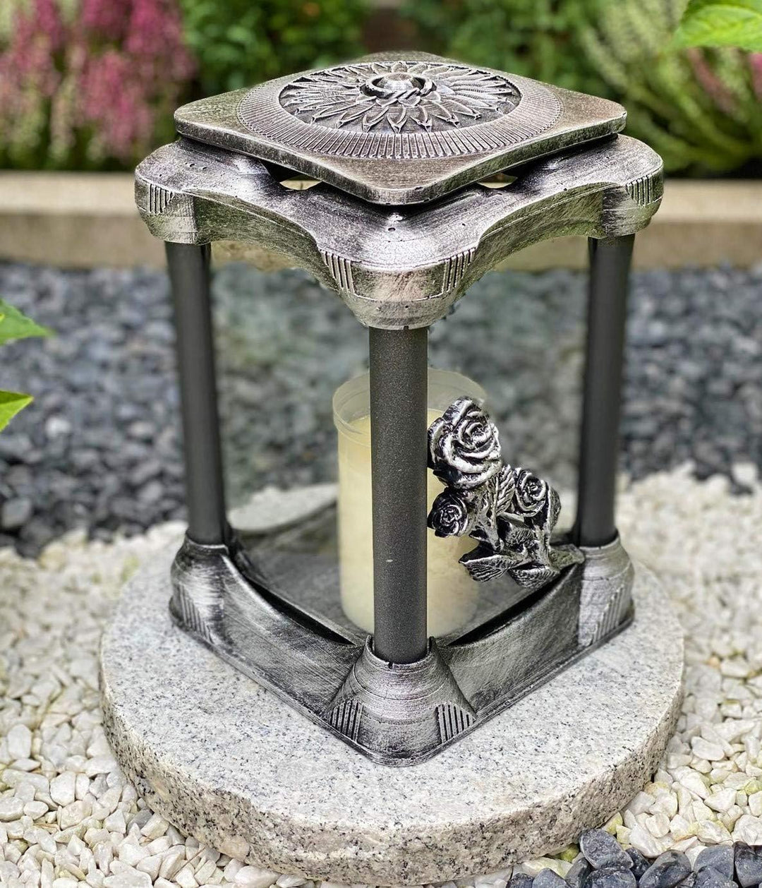 Grablampe Handmade NEU Rose-Motiv Silber Grablicht Grabkerze Grabdekoration Grabschmuck Gartenlampe