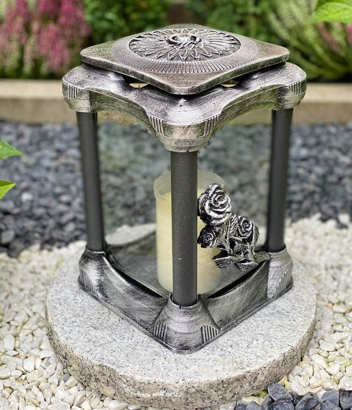 Grablampe Handmade NEU Rose-Motiv Silber Grablicht Grabkerze Grabdekoration Grabschmuck Gartenlampe