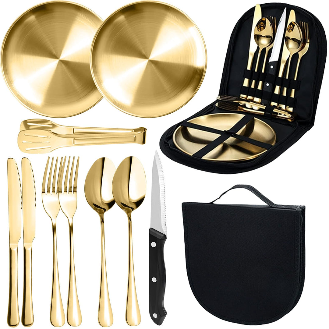 Camping Geschirr Set für 2 Personen, 10 Stück Tragbars Campingbesteck Set aus Edelstahl für Picknick