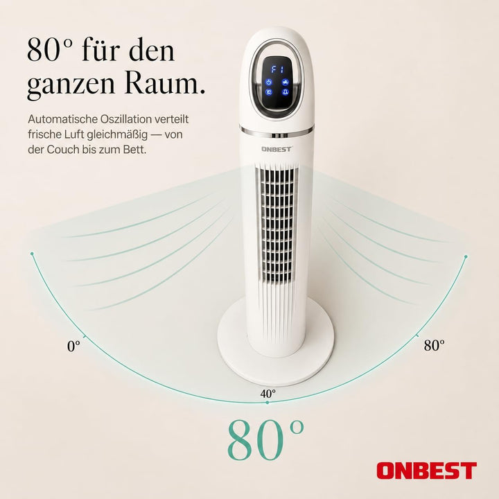 Onbest Turmventilator leise, 45 W stromsparender Tower-Ventilator mit Fernbedienung, 80° Oszillation