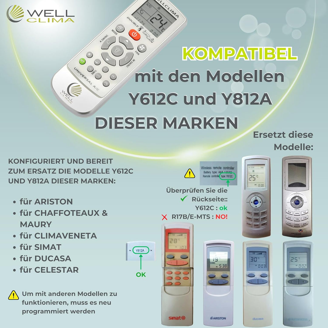 Wellclima Ersatz-Fernbedienung für Klimaanlage für Y612C und Y812A – konfiguriert und einsatzbereit