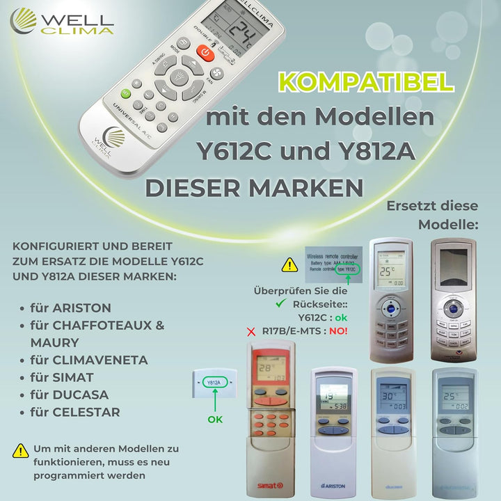 Wellclima Ersatz-Fernbedienung für Klimaanlage für Y612C und Y812A – konfiguriert und einsatzbereit