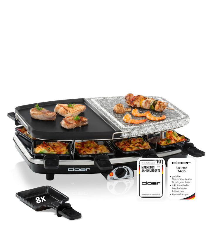 Cloer 6435 Raclette mit Naturstein / 1200 W / 8 antihaftbeschichtete Raclettepfännchen Geteilte