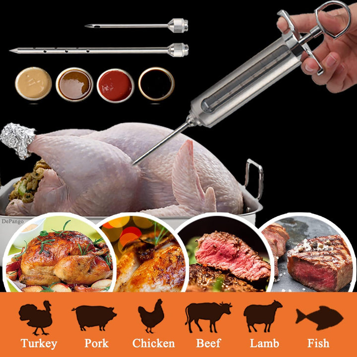 DePango Fleischspritze, Edelstahl Marinadenspritze Kit mit 3 Fleisch Nadeln für BBQ Smoker Grillrauc