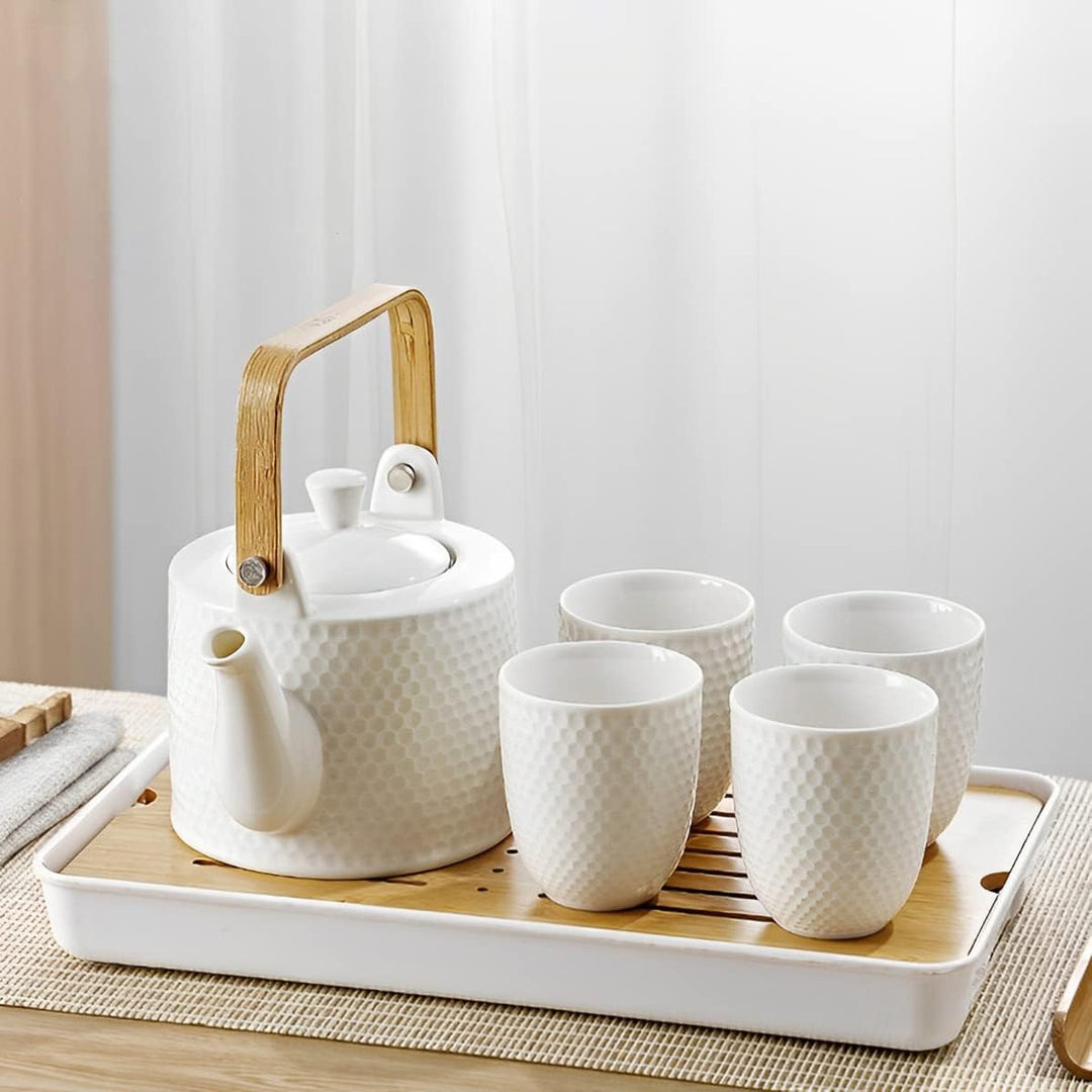 Teekanne Keramik Weiss, Japanisches Tee Set Vintage, Porzellan Teeservice mit Sieb 900ml mit 4 Teeta