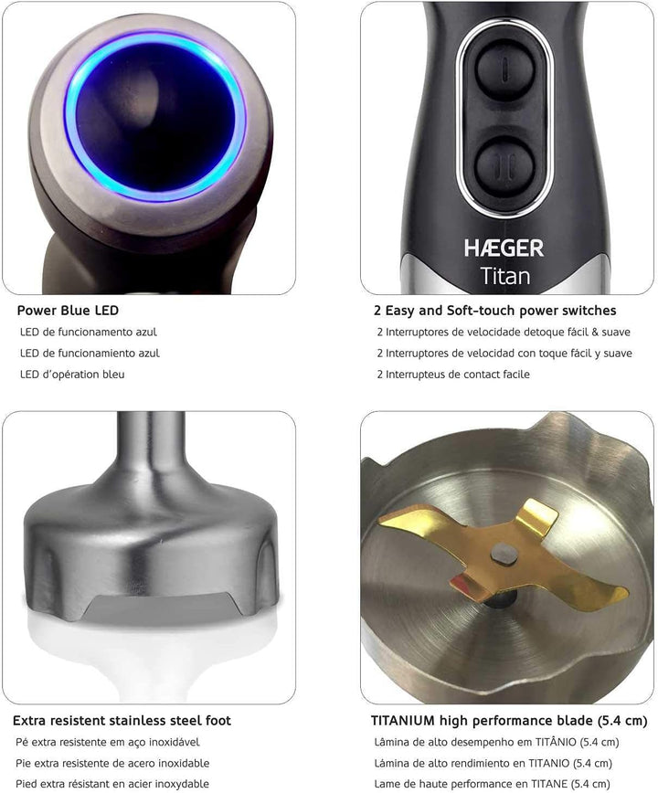 HAEGER TITAN Stabmixer, 1100 W, 2 Schalter, Turbofunktion, Edelstahlfuss 22 cm, Klinge aus Titan 5,4