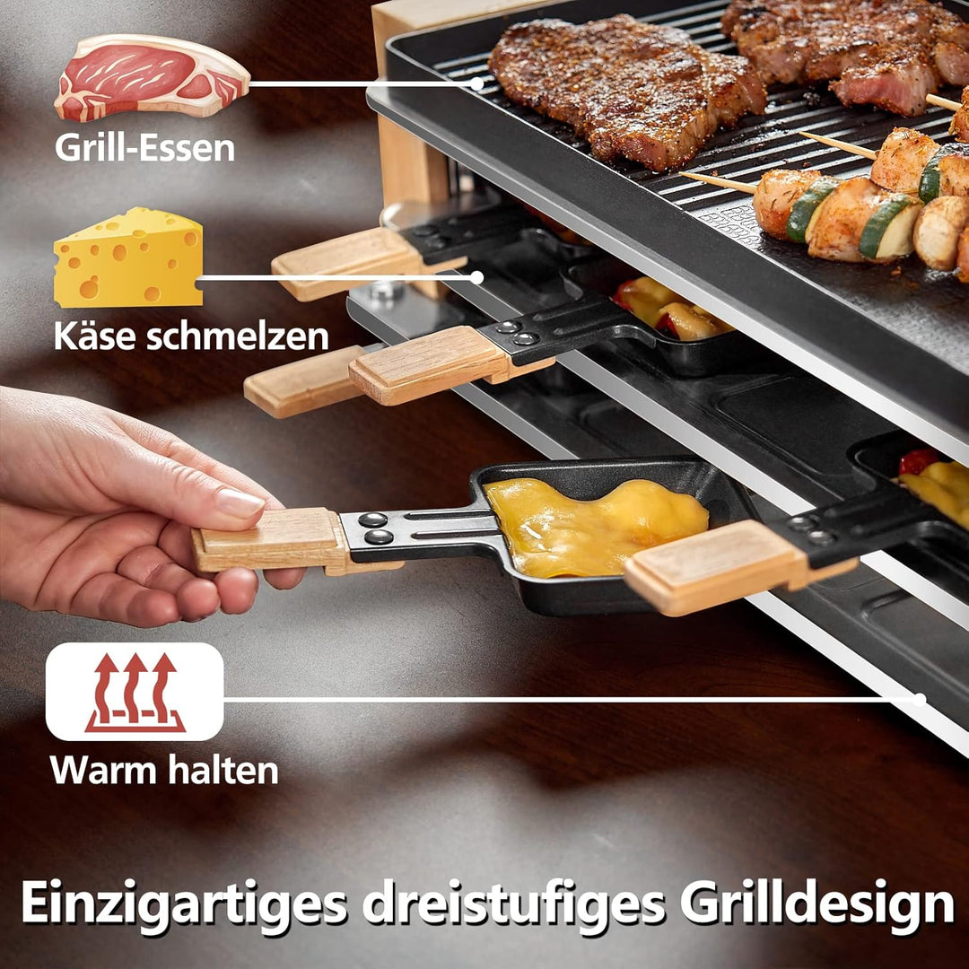 COKLAI Raclette grill 8 Personen mit 2 in 1 Antihaftbeschichtung Grillplatte, Partygrill für 8 Perso