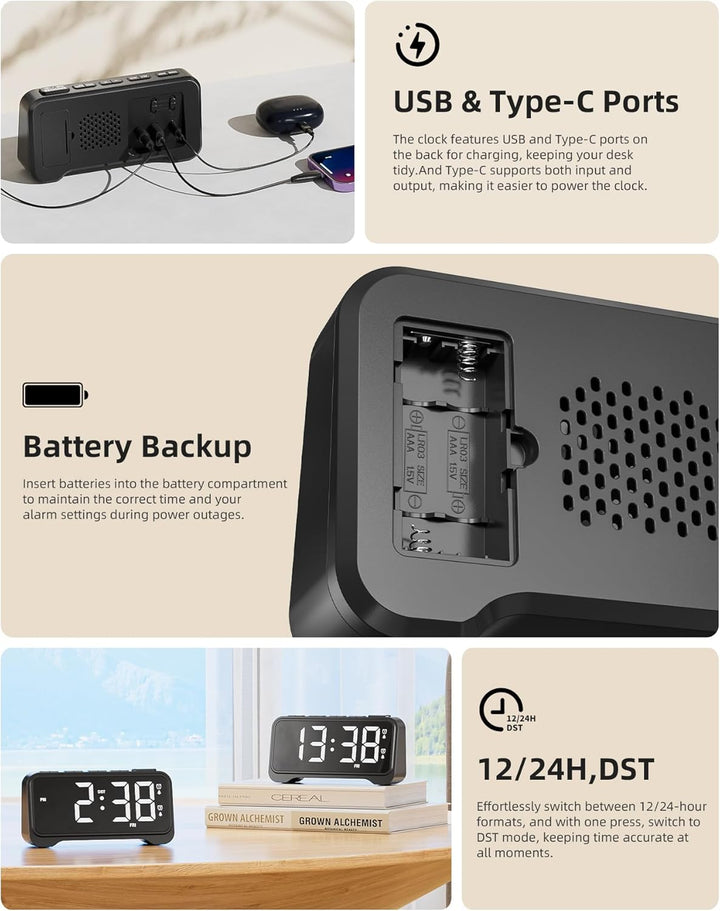 ROCAM LED Wecker Digital mit Grossen Zahlen, Nachttisch Wecker mit Typ-C &amp; USB-Ladeanschluss, Dualer