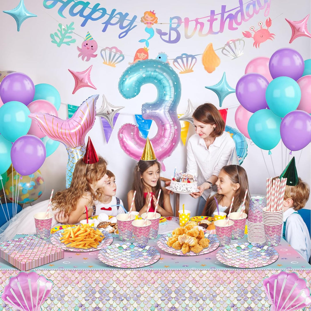 Meerjungfrau Partygeschirr Set, Meerjungfrau Geburtstag Deko 3 Jahre, Geburtstag Party Geschirr, Pap