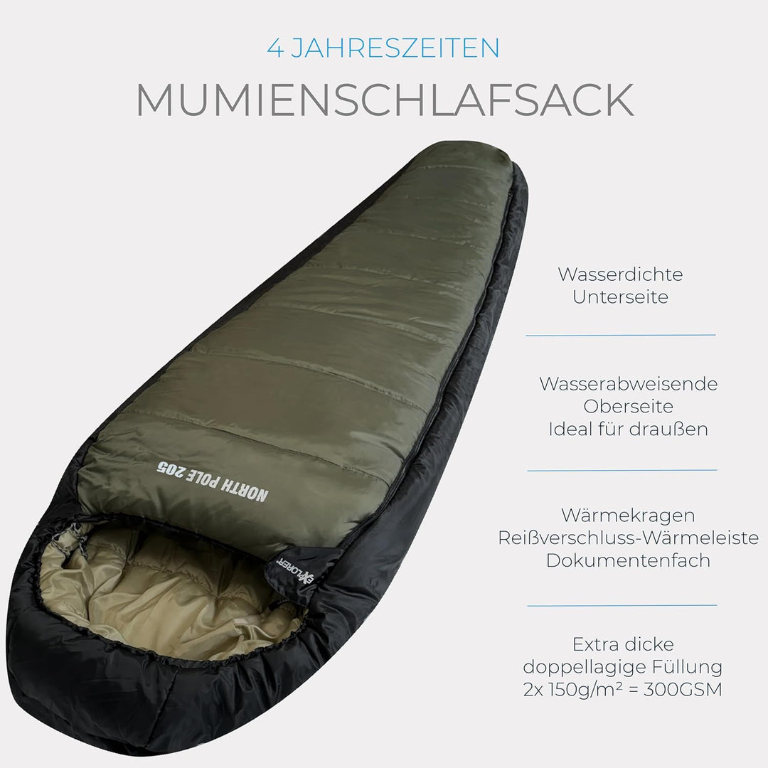 Explorer® Northpole Schlafsack Outdoor -21°C -4°C [300GSM] 3-4 Jahreszeiten Winter Mumienschlafsack