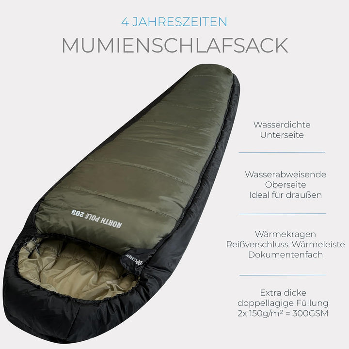 Explorer® Northpole Schlafsack Outdoor -21°C -4°C [300GSM] 3-4 Jahreszeiten Winter Mumienschlafsack