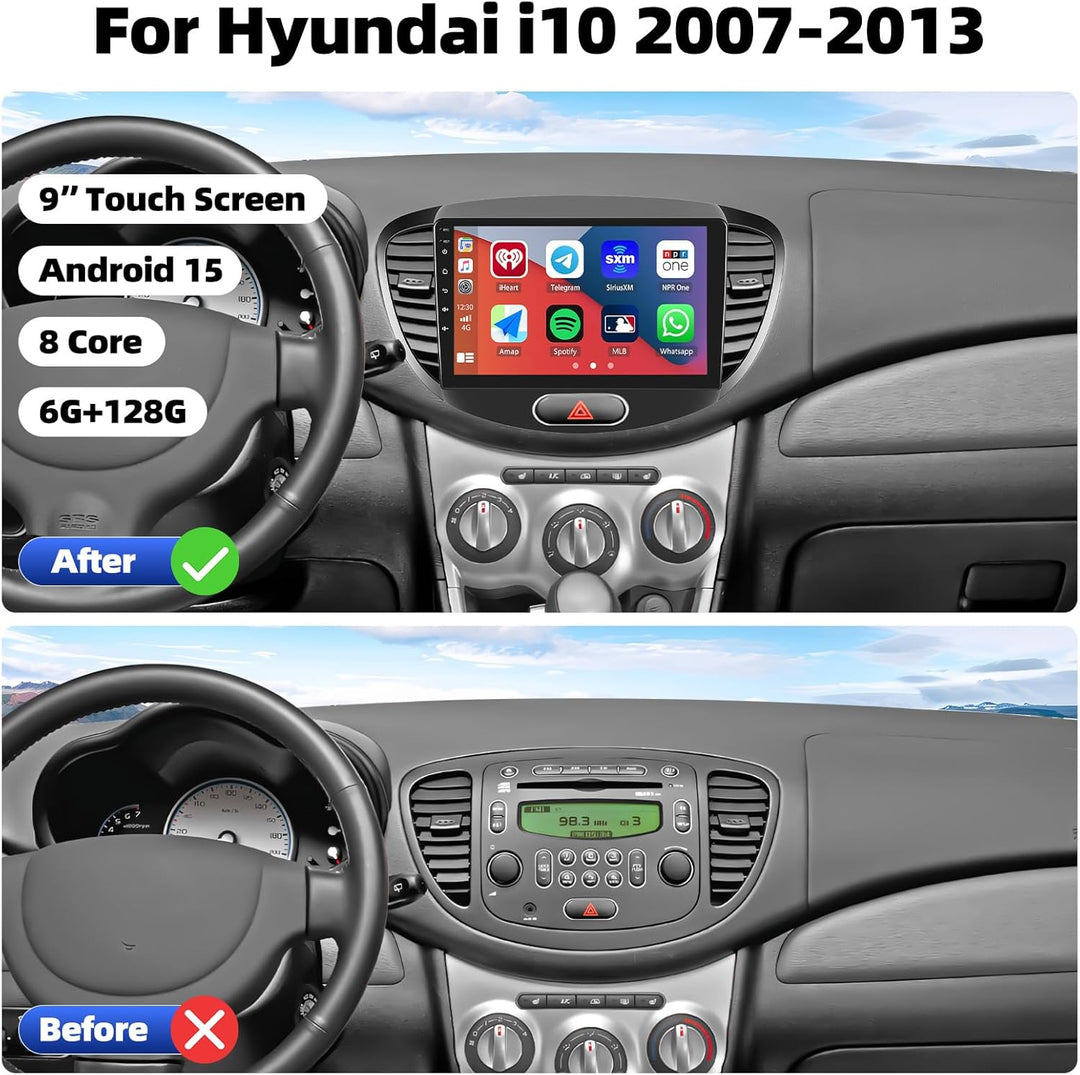 Android 15, 6G+128G 8Core CAMECHO Autoradio Navi für Hyundai i10 2007-2013 mit Carplay Android Auto