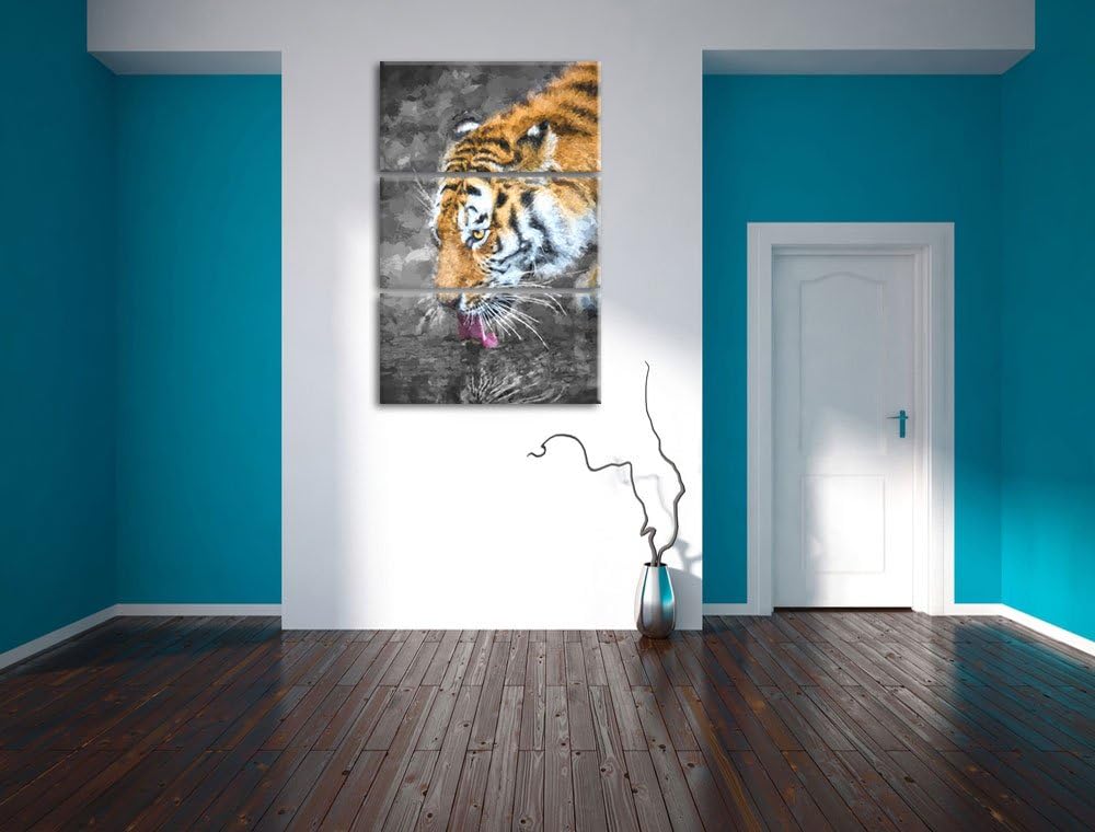 stolzer Tiger am Wasser schwarz/weiss Deluxe 3-Teiler Leinwandbild 120x80 Bild auf Leinwand, XXL rie