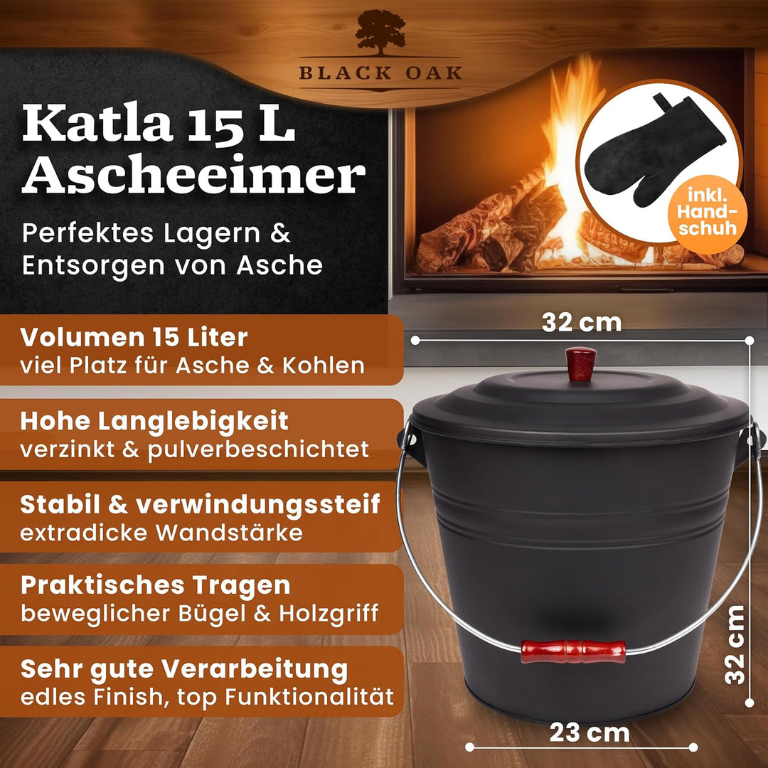 BLACK OAK Ascheeimer Katla 15L mit Lederhandschuh – schwarz Deckel mit Holzknopf - gross 15 Liter -