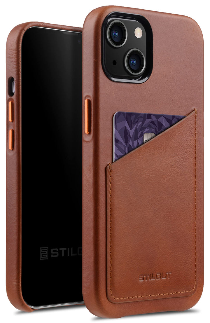 STILGUT Cover kompatibel mit iPhone 13 Hülle mit Kartenfach, Case aus Leder, Kartenhülle - Cognac Na