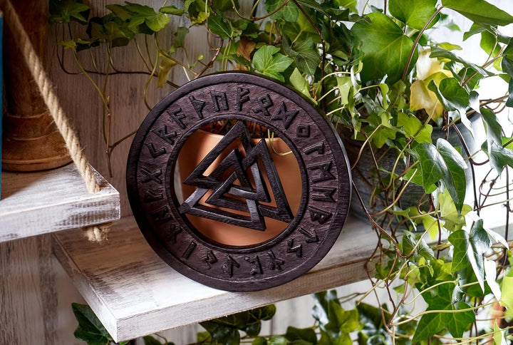 Windalf Schwarzes Vikings Holzbild VALKNUT Ø 23 cm Wotansknoten mit Runen Wikinger Wanddeko Wandreli
